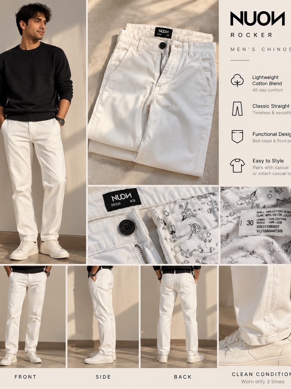 NUON Rocker Men's White Chino Pants | Size 30 | Straight Fit
